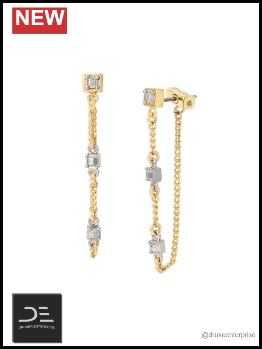 Front-Back Chain Drop Earrings Brass Stone 1.5in Lightweight Gift
